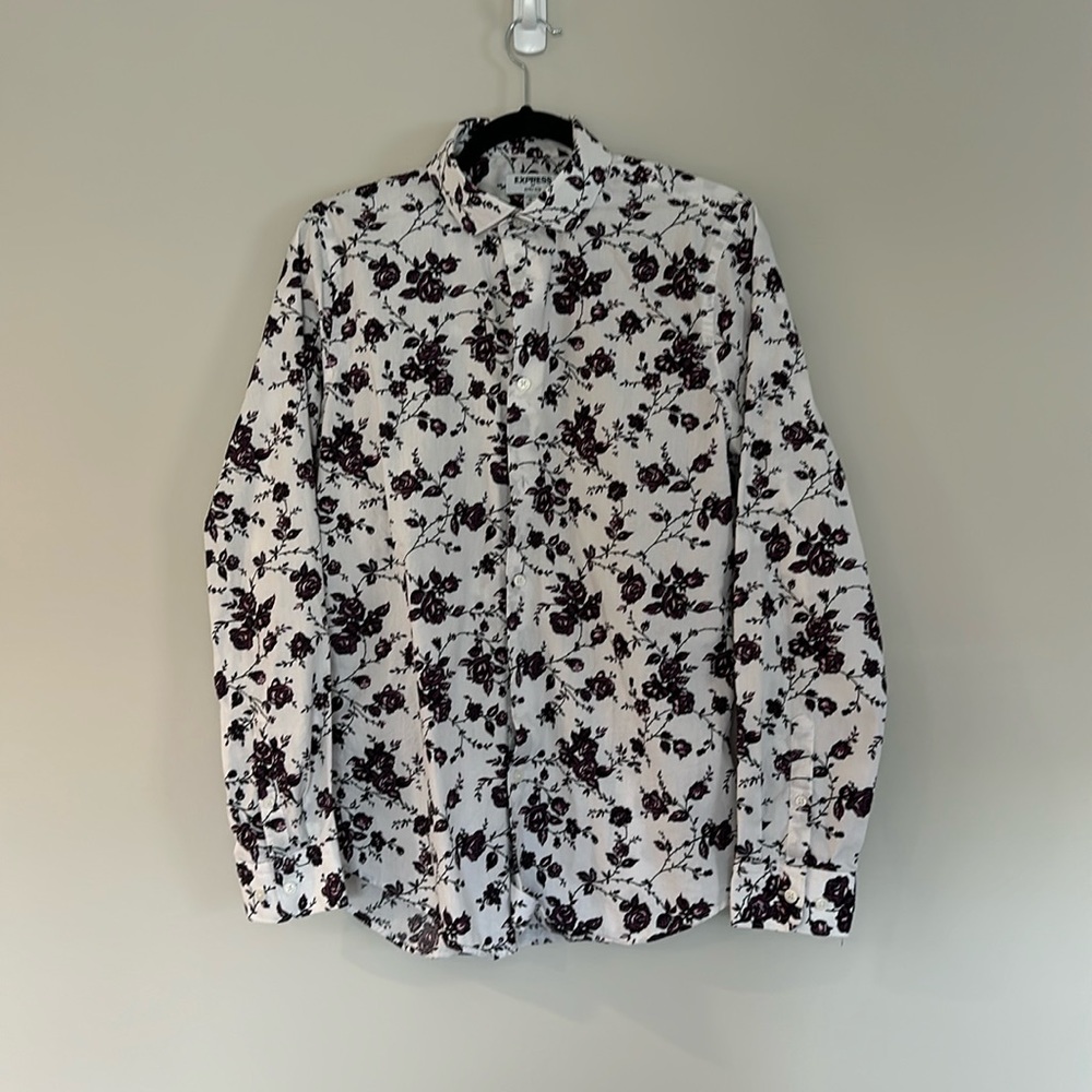 Express Men’s White/Purple Dress Shirt Floral - Medium, Neck 15-15.5”